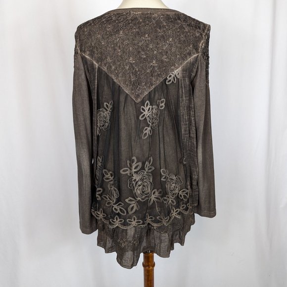 Radzoli Lagenlook Layered Floral Brown Lace Long Sleeve Tunic Embroidery Size PL - Picture 2 of 9